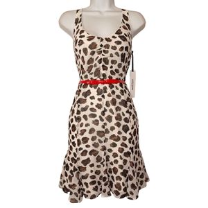KATE YOUNG TARGET Leopard Brown Print Red Belt Sleeveless Ruffle Dress 4 NWT S